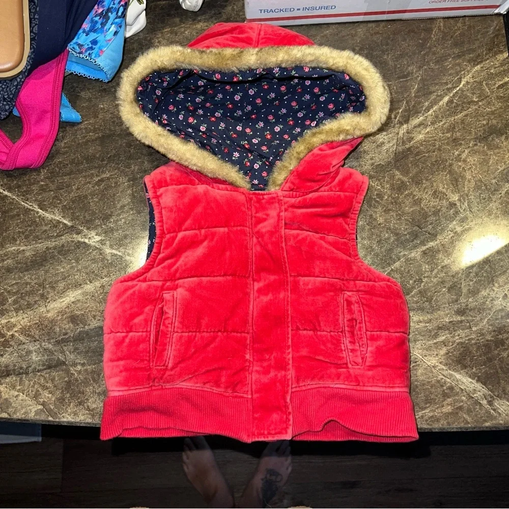 Vintage OshKosh Hooded Red Velvet Jacket Vest Youth Girls 18 months Floral Lined
